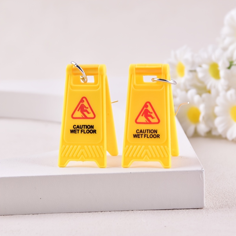 Caution Wet Floor Warning Sign Drop Earrings